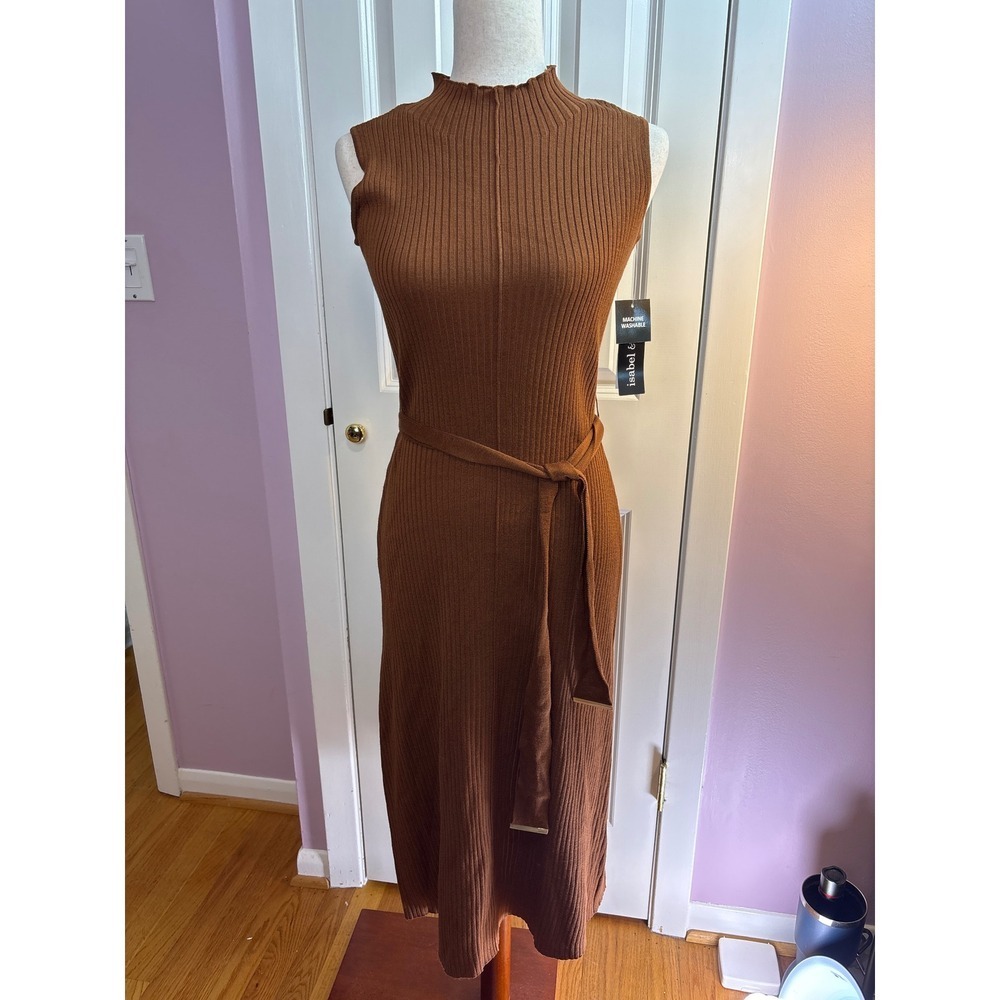 Isabel & Nina Brown Ribbed Mock Neck Sleeveless Belted Sweater Dress RB2371JP L